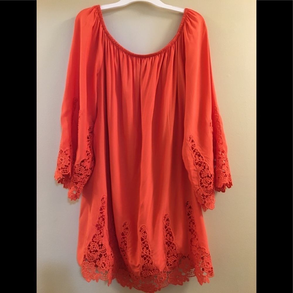 Tantrums boho crochet trim elastic off shoulder Neck tunic